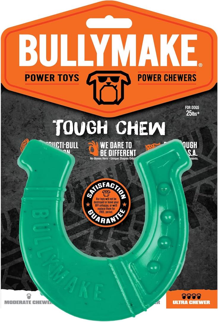 BULLYMAKE Green Tough Chew Horseshoe Toy for Dogs, Durable Nylon Dog Toys for Aggressive Chewers, Dental Stimulating, Tough Chewers, Boredom Busting, Made in USA