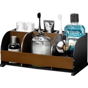 Bathroom Organizers on Counter,Wooden & Metal 7-Slot Solid One-Piece Bathroom Organizer with Drainage,Large Size Toothbrush Holders for Bathrooms, Vanity Storage