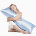 MR&HM Satin Body Pillow Cover, Soft and Breathable Body Pillow Case with Envelope Closure, Cooling and Silky Long Pillowcase for Hair and Skin,Grey (20x54, Light Blue)