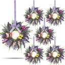 6 Pcs Lavender Wreaths for Front Door Mini Artificial Floral Kitchen Cabinet Swags Spring Summer Candle Rings Wreath with Lavender Berries Butterflies for Year-Round Use Farmhouse Home Decorations (Purple)