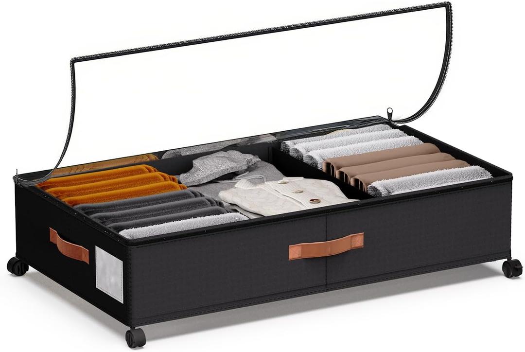 Under Bed Storage with Wheels - Rolling Underbed Containers with PVC Clear Lid & Dividers, 600D Oxford Fabric, PU Leather Handles, Adjustable Magic Tape Partition, XXL 66L (1, Black)