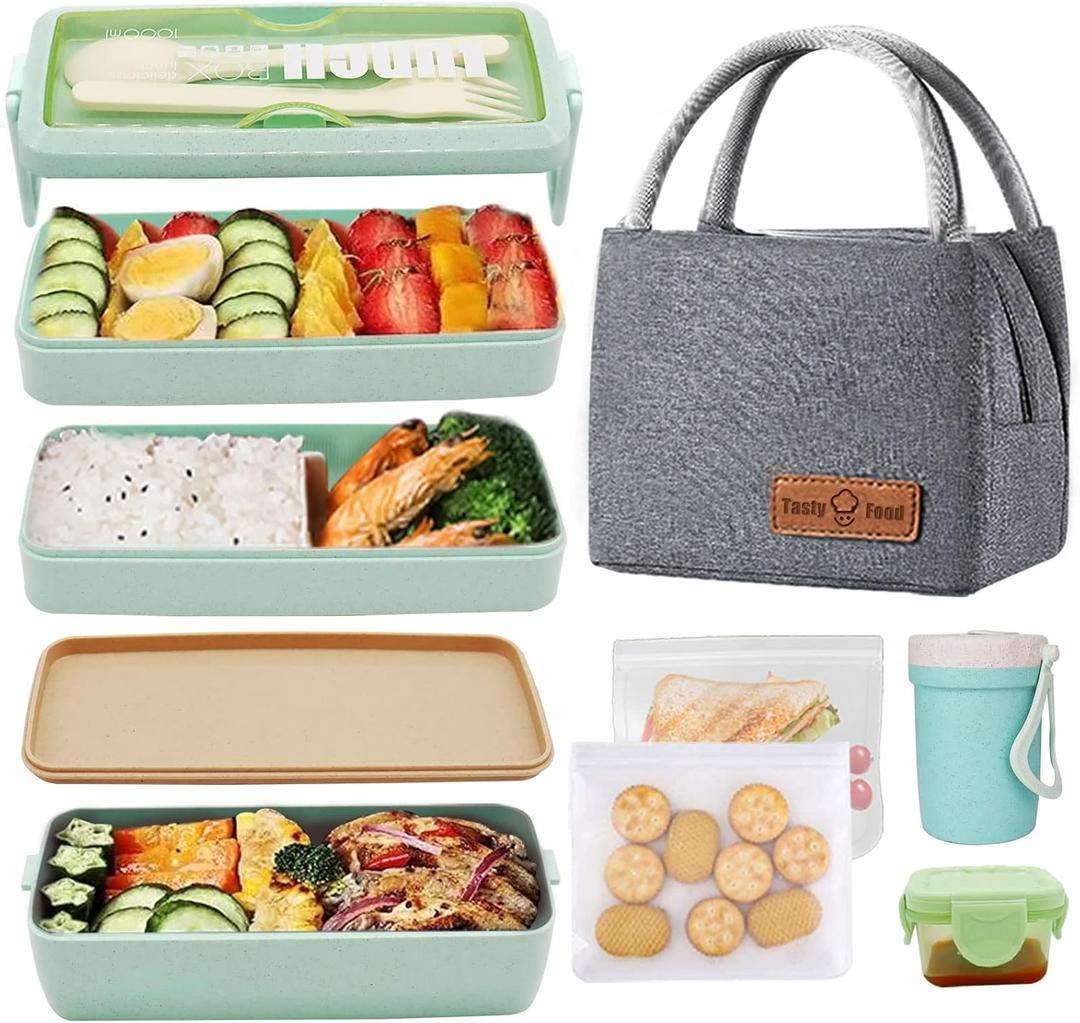 Bento Box Upgrade Japanese Lunch Box Kit,3 Layer Stackable Leakproof Lunch Box Containers with Accessories,Wheat Straw Bento Lunch Box for Kids and Adults