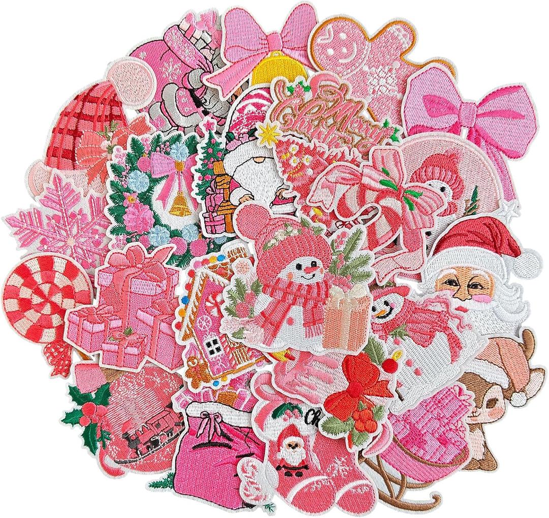 24 Pcs Pink Christmas Iron on Patches, Cute Reindeer, Santa Claus, Snowmen, Christmas Trees Xmas Embroidered Patches for Clothing, Socks, Backpacks, Jeans, Hats, DIY Decorations