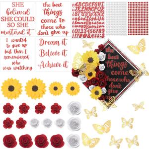 Gersoniel 40 Pcs Hand Made DIY Graduation Cap Decorations Accessory Kit with Paper Flower Heads Graduation Quote Glitter Stickers 3D Butterfly Rhinestones for DIY Hat Grad Cap Topper Decor(Red), Large