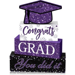 Cinnvoice 4 Pcs Graduation Table Decor 2026 Congrats Grad Centerpiece Class of 2026 Wood Sign Graduation Tiered Tray Decor Farmhouse Congratulate Gifts for Home Shelf Party Decorations(Purple)