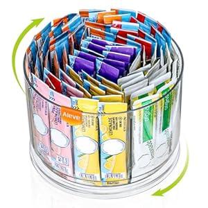 AIEVE Drink Packet Organizer, 360° Rotating Lazy Susan Turntable Powdered Drink Mix Holder, Acrylic Water Packet Container for Pantry Organizer Kitchen Storage Organization (Round)