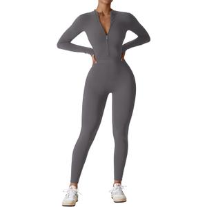 YEOREO Women Long Sleeve Workout Jumpsuit Zip Up Romper Bottom Pants Bodysuit Bodycon Sexy One Piece (X-Large, Grey)