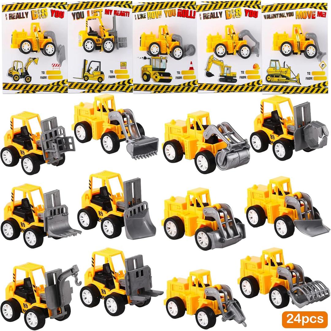 Roowest 24 Set Valentine's Day Gifts for Kids Bulk Construction Vehicle Valentines Card Pull Back Construction Truck Toy with Card for Girl Boy School Classroom Preschool Exchange Gifts Party Favor