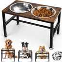 Elevated Dog Bowls, 3 Height Adjustable Raised Dog Water Food Bowl Wooden Metal Stand, 42OZ-Stainless Steel Bowls for Medium Small Dogs