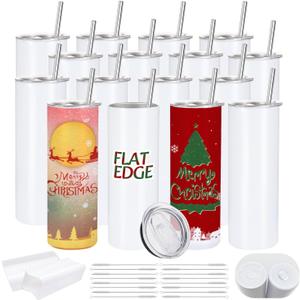 16 Pack Sublimation Tumblers Flat Edge Blanks Skinny Straight Bulk 20 oz, Stainless Steel Double Wall Insulated Sublimation with Straw & Lids for Heat Transfer, White