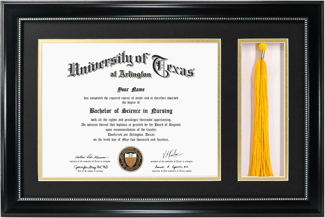 GraduationMall 11x17 Black Diploma Frame with Tassel Holder for 8.5x11 Certificate Document,Real Glass, Black over Gold Mat