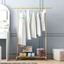 Industrial Pipe Clothing Rack, Heavy Duty Metal Clothes Rack With Wheels, Rolling Garment Rack with Bottom Shelf for Home Boutique Use (Gold)