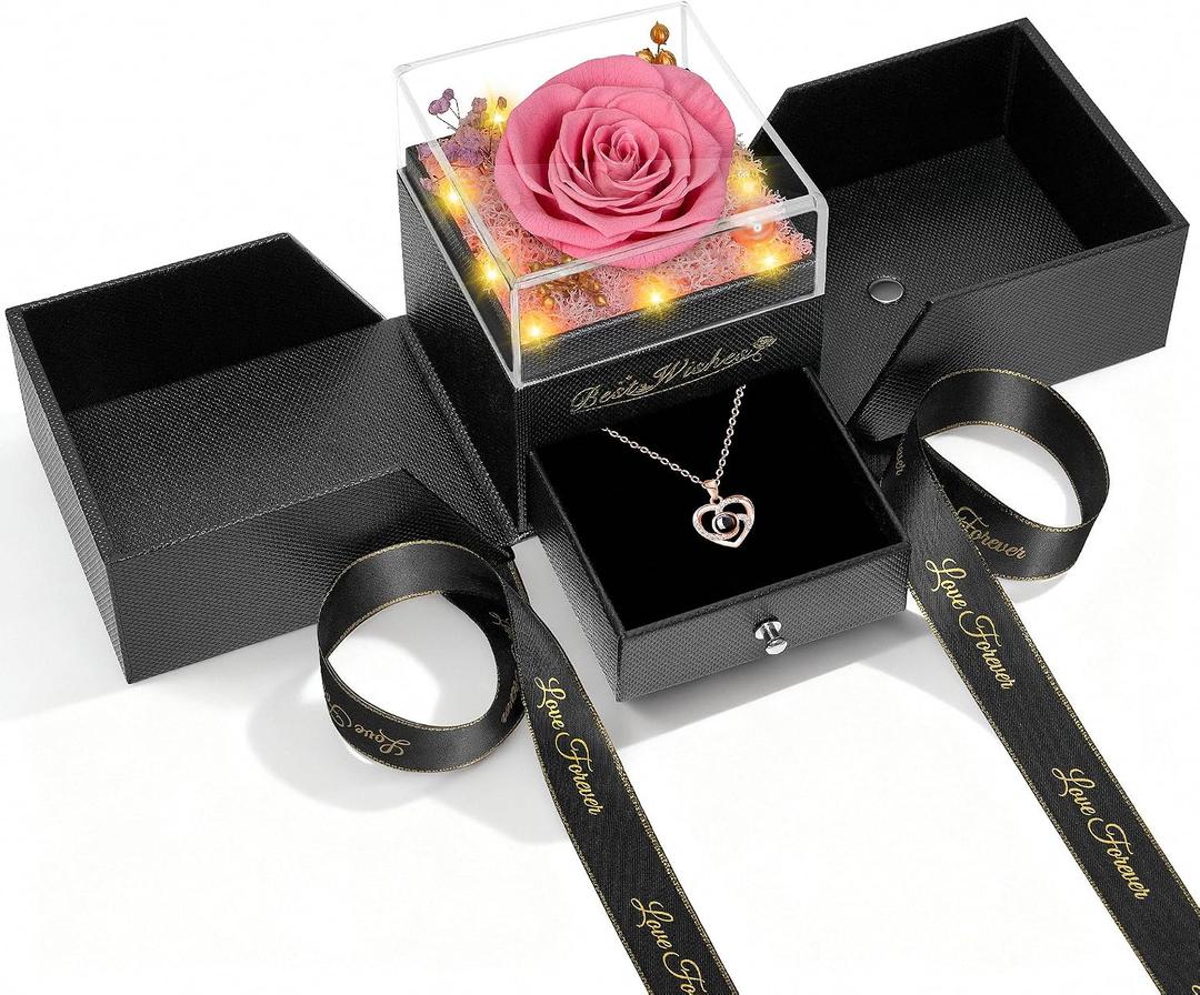 Preserved Flower for Delivery,Birthday Gifts for Women,Christmas Rose Gifts | Light Up Rose Flower With Necklaces for Women,Stocking Stuffers Gifts for Mom Wife Grandma Anniversary Valentines Gifts