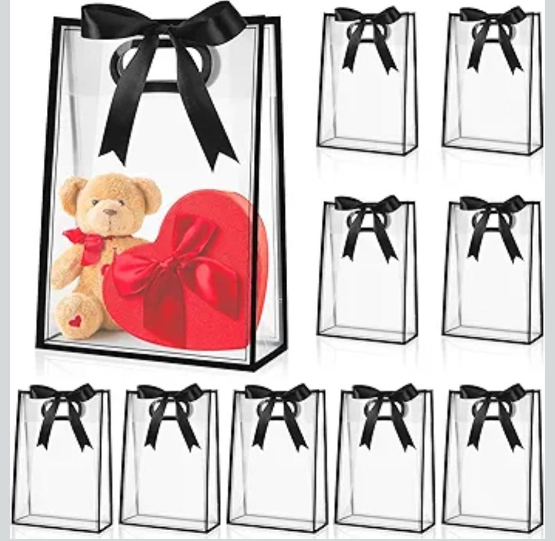 Aliceset 12 Pcs Clear Plastic Gift Bag with Die Cut Handles Reusable PP Favor Bag with Ribbon for Graduation Wedding Bridal Birthday Baby Shower Party Small Business, 7x10x3.15 Inch(Black)
