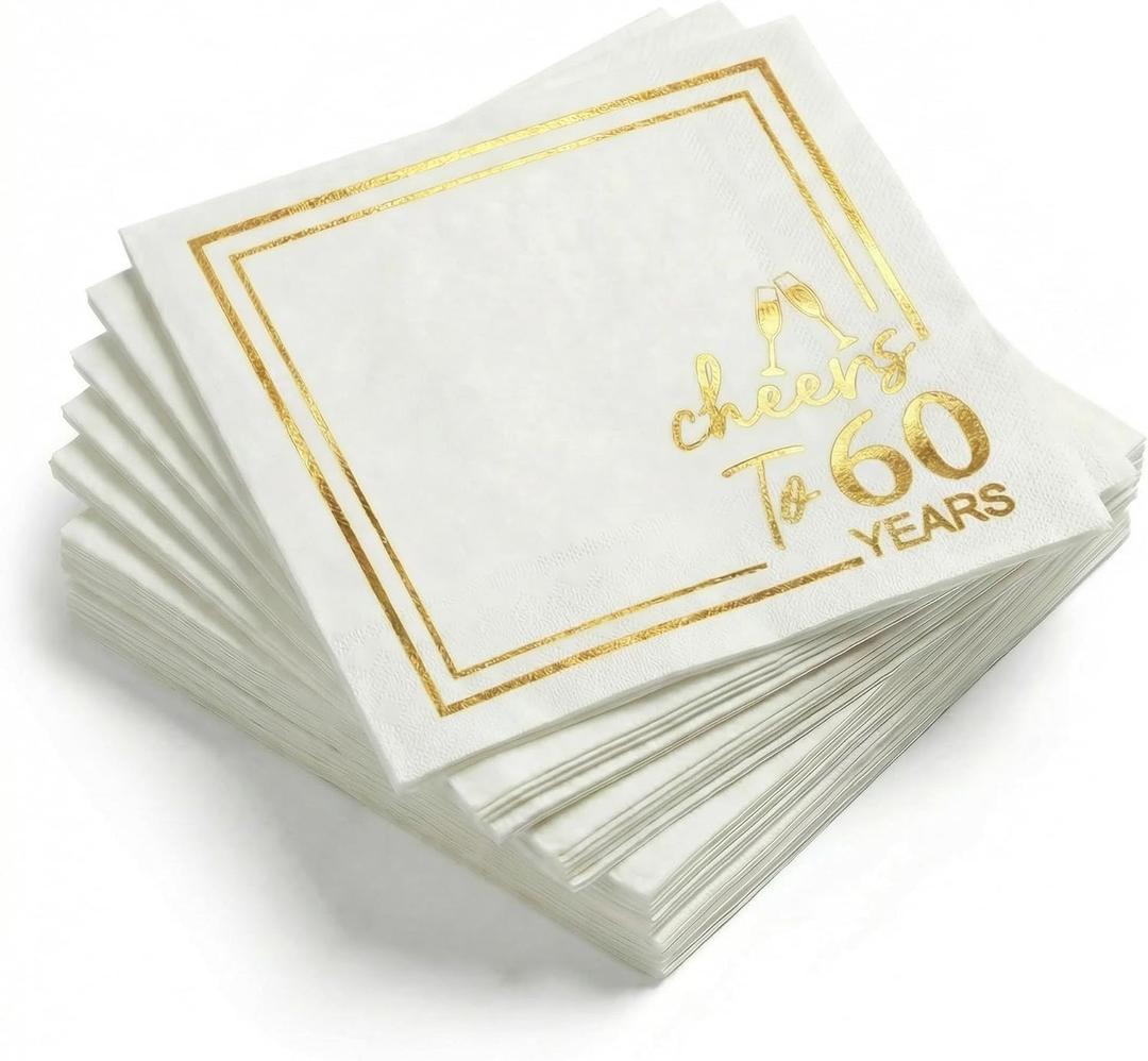 Horaldaily 50 Pack Cheers to 60 Years Cocktail Napkins, 5x5 Inches White and Gold Foil Birthday Decoration Paper Napkins for Party Anniversary Lunch Dinner