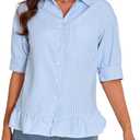 MAKABO Womens Summer Tops Dressy Casual Blouse Top Ruffled Short Sleeve Button Down Striped Shirt (Blue, M)