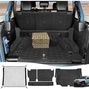 Cargo Mats & Trunk Net for 2021-2024 Jeep Wrangler JL 4XE Trunk Mat Backrest Liner with Cargo Net All Weather Anti-Slip Rear Back Seat Mats Cargo Net for Wrangler JL 4XE 4 Door Accessories