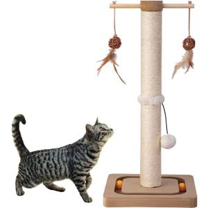 PEEKAB Cat Scratching Post Premium Sisal Scratch Posts with Tracking Interactive Toys Vertical Scratcher for Indoor Cats and Kittens- 25 inches Beige (25in Cat Scratching Post)