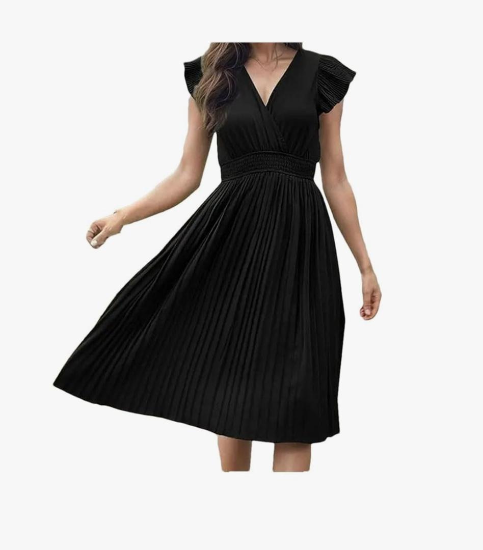 Women's V-Neck Pleated Dress Adjustable Elastic Waistband Back Tie Casual Office Date Dress. Size M