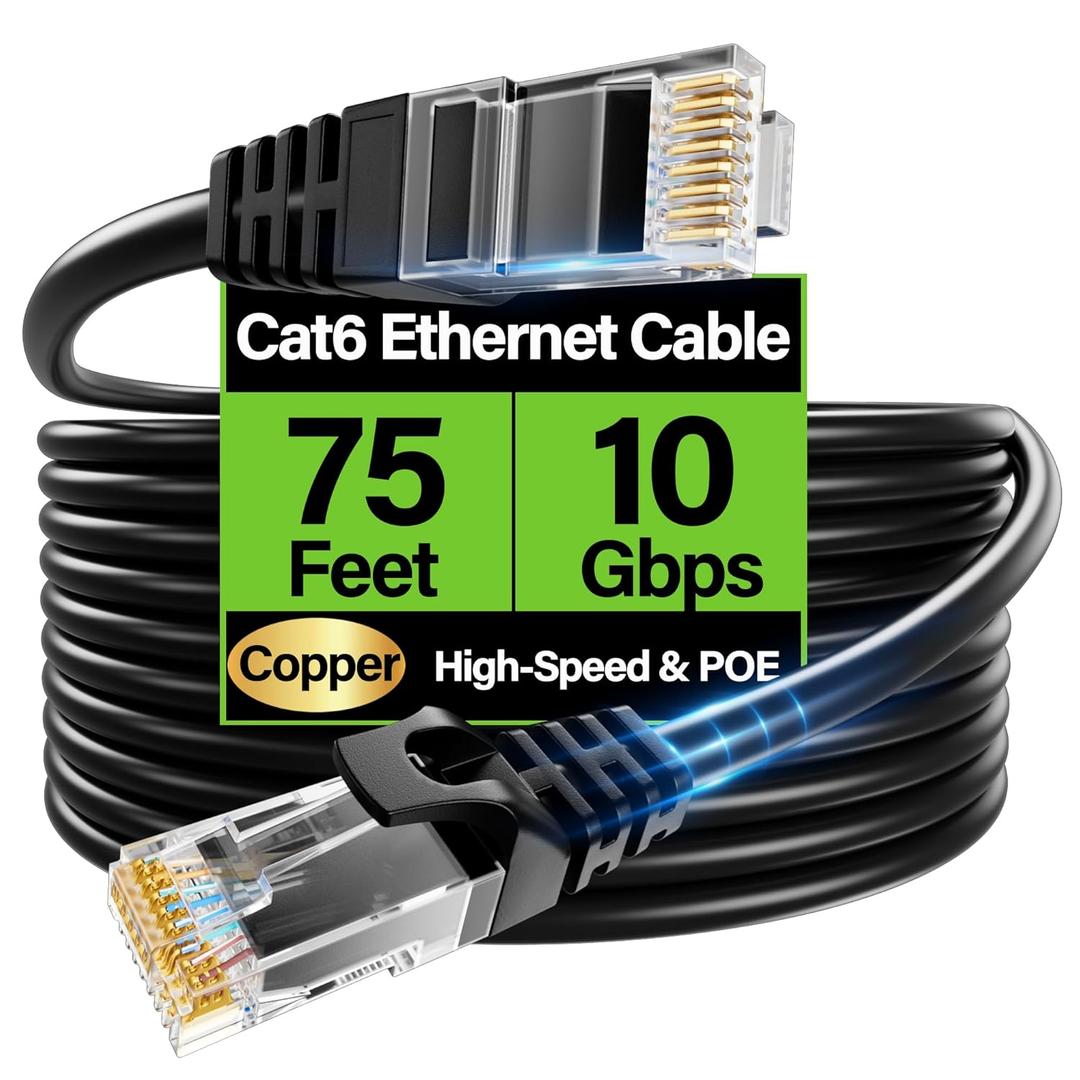 Cat6 Ethernet Cable 10Gbps 75 ft, UTP Ethernet Cable Cat 6, Flexible Bare Copper Cat6 Cable, Cat 6 Network Cable for Server, Data Center, Black