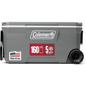 Coleman Classic Series Insulated Portable Rolling Cooler with Wheels, Leak-Resistant Outdoor Hard Cooler Keeps Ice up to 5 Days, 100-Quart (Rock Grey)