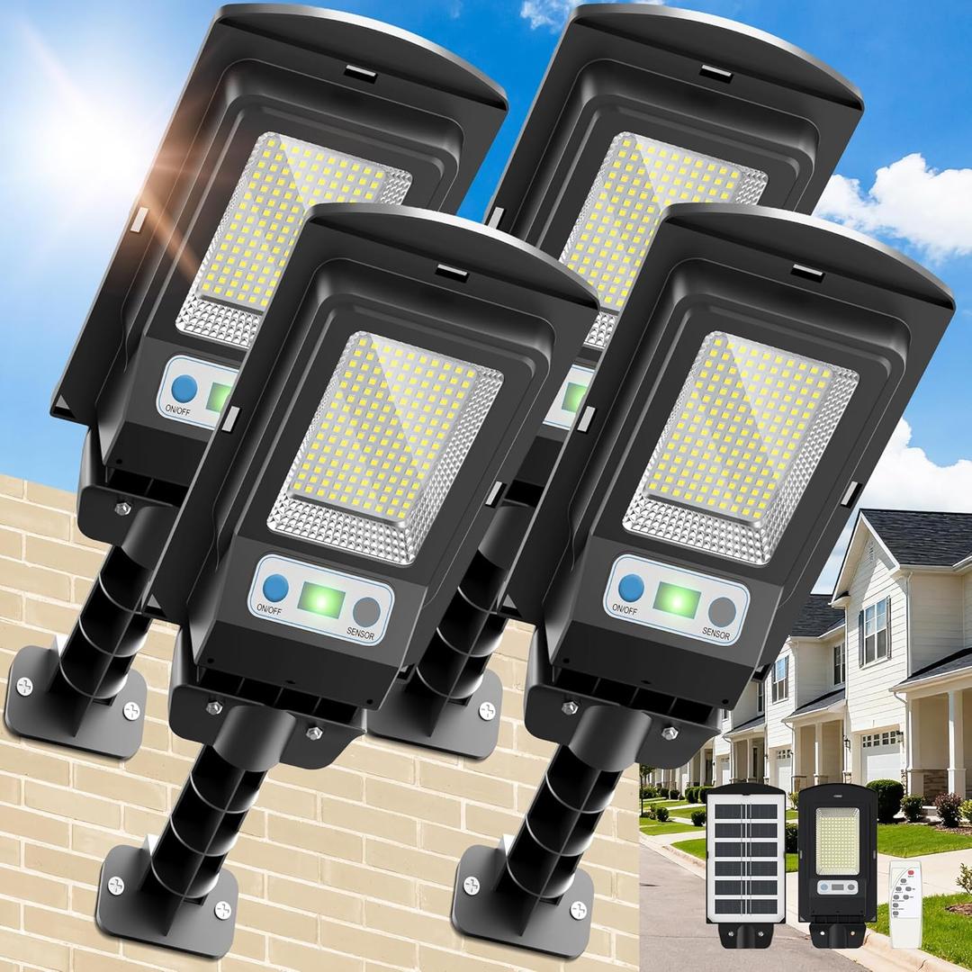 Solar Lights Outdoor, IP66 Waterproof Motion Sensor Powered Solar Street Light, 6500K Dusk to Dawn LED Flood Light with Remote Control, Commercial Area Lighting for Yard Parking Lot (4 Pack) (2000W)