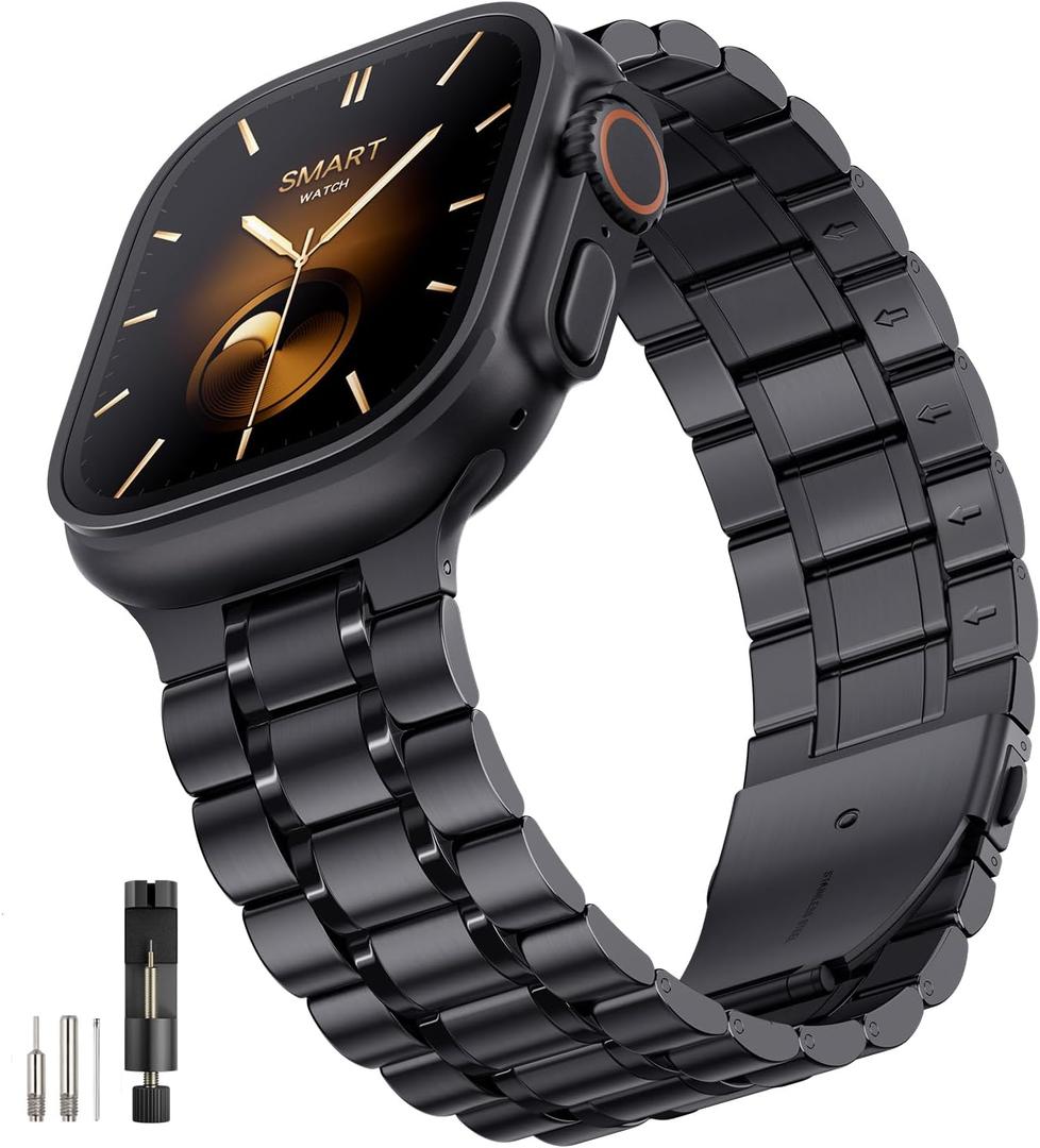 Bestig Compatible with Apple Watch Bands for Men Women 49mm 46mm 45mm 44mm 42mm 41mm 40mm 38mm, Stainless Steel Metal Business Wristband Strap for iWatch Ultra Series 10 9 8 7 6 SE 5 4 3 2 1(Black) (Matte Black/Polished Black)