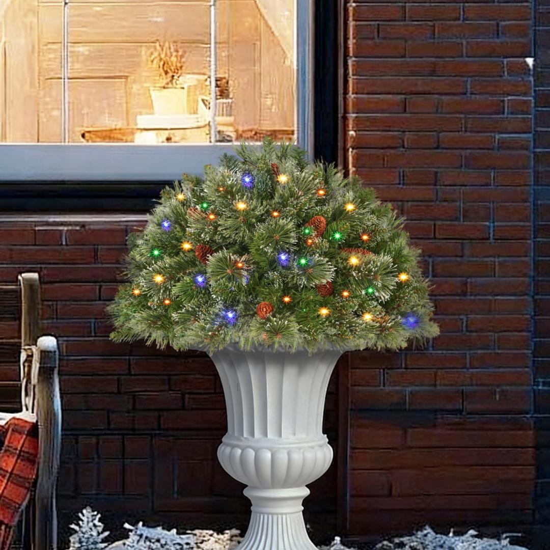 Prelit Artificial Christmas Tree Urn Fillers, Battery Operated Holiday Planter Filler with 50 Multi-Color Lights, Cones Christmas Decor for Porch Pathway Garden Yard (1ft 6in)