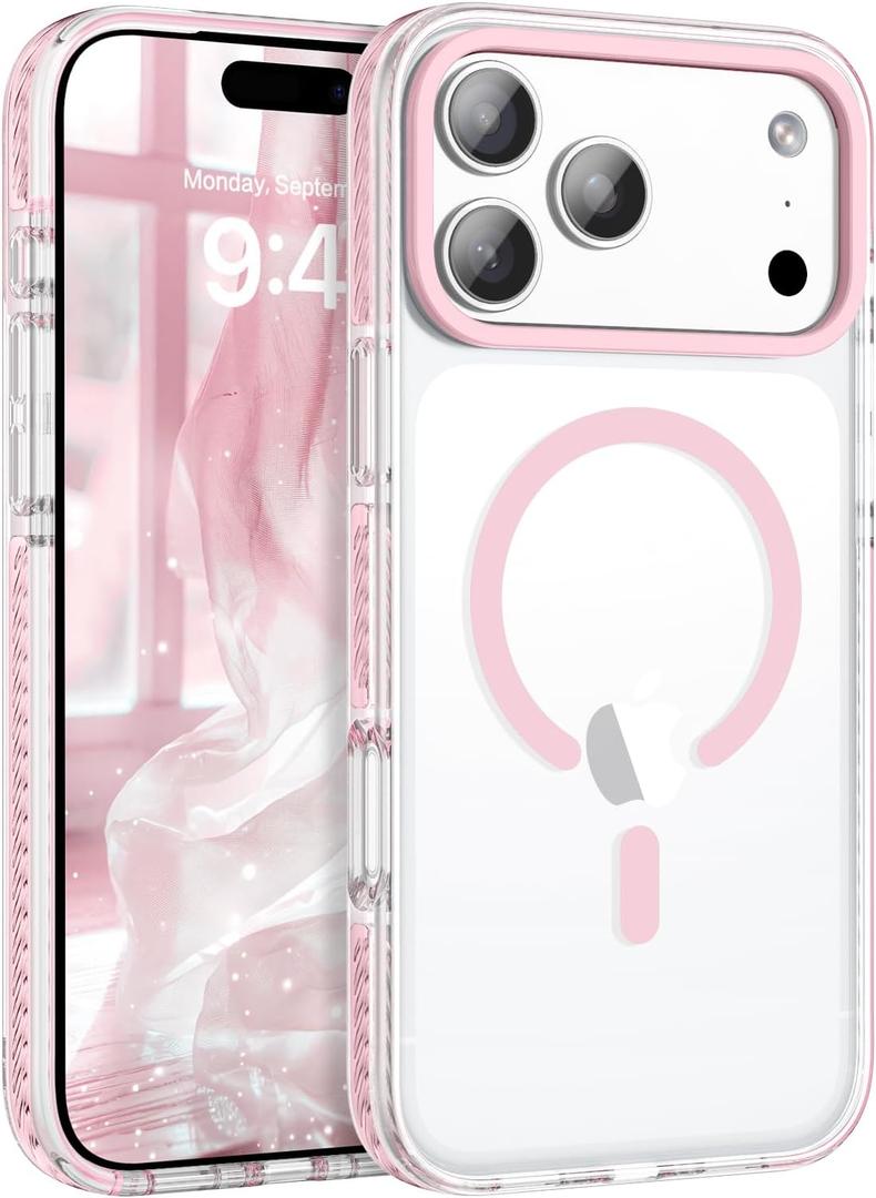 BENTOBEN Magnetic for iPhone 17 Pro Max 6.9" Case, Compatible with Magsafe Military Shockproof Protective Bumper Cute Transparent Slim Anti-Yellowing Phone Case for iPhone 17 Pro Max Cover, Clear Pink