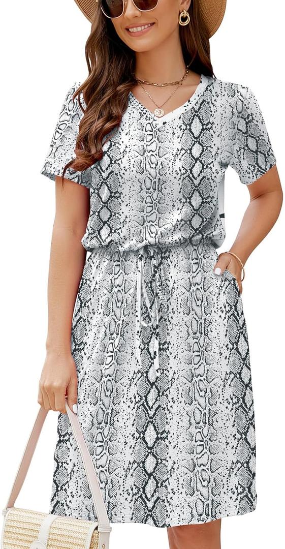 HUSKARY Women Summer Casual Midi Dresses Short Sleeve V Neck Drawstring Knee Length T Shirt Dress with Split and Pocket (Large, Snakeskin)