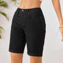 OFLUCK Shorts for Women Mid Rise Roll Cuff Bermuda Stretch Denim Jean Shorts (Black)