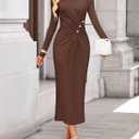 ZESICA Womens 2026 Fall Long Sleeve Mock Neck Bodycon Midi Dress Ruched Knit Elegant Party Cocktail Formal Dresses (Brown, M)