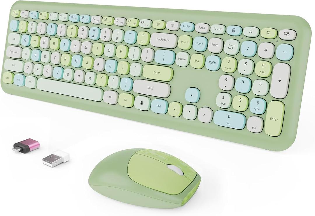 Wireless Keyboard and Mouse Combo, Colorful Ergonomic Full Size Retro Low-Noise Keyboard with Cute keycaps, Compatible with Windows, PC, Perfer for Home and Office Keyboards (Green) (Verdant Green)