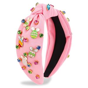 ANBALA 1 Pack Easter Headbands for Women, Cute Bunny Ears, Eggs Jeweled Knotted Headband, Rhinestone Crystal Top Knot Wide Hairband for Easter Spring Party Gift