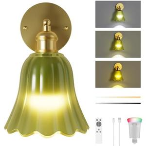 FULEN Battery Operated Wall Sconce with Green Tulip Glass Lampshade Wireless Sconces 10000mAh Rechargeable Battery Powered Wall Light with Remote Control for Vintage Decor Bedside Bedroom Livingroom