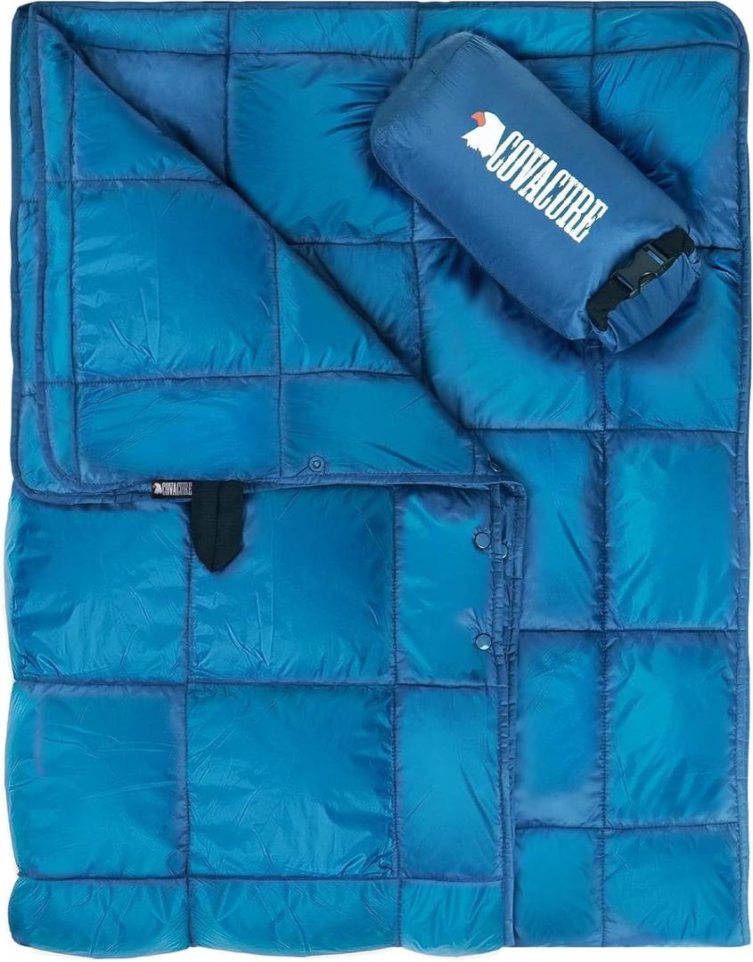 covacure Camping Blanket - Outdoor Travel Blanket, Packable, Puffy Blanket, Lightweight & Warm Quilt for Camping, Hiking, Backpacking, Outdoors, Travel, Beach (Blue)