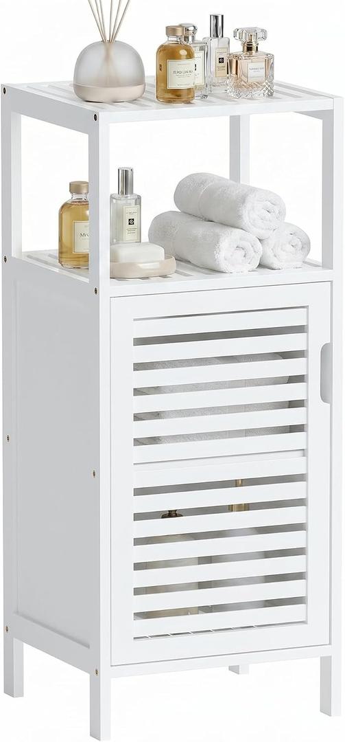 HITNET Bamboo Bathroom Storage Cabinet, 4 Tier Small White Floor Cabinet with Single Door, Free Standing Slim Narrow Storage Organizer for Living Room Entryway