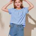 Girls Shirts Summer Short Sleeve Cute Tops Chiffon Pleated Blouses 5-14 Years Sky Blue (Blue)
