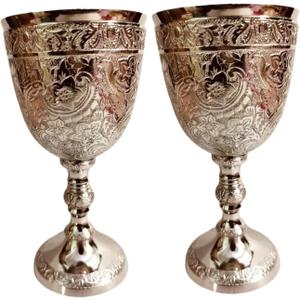 Bona fide 2 pieces brass goblet embossed design,Premium Goblet Champagne Flutes Coupes  drinking Glass,tumbler cups for water juice milk beer ice tea set of 2 pieces brass chalice cup 7 oz each