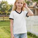 Poroka Girls Short Sleeve Shirt V-Neck Tee with Ribbed Trim Plain T-Shirts Soft Fashion Summer Tops for Girls, 7-14 Years (White, XL)