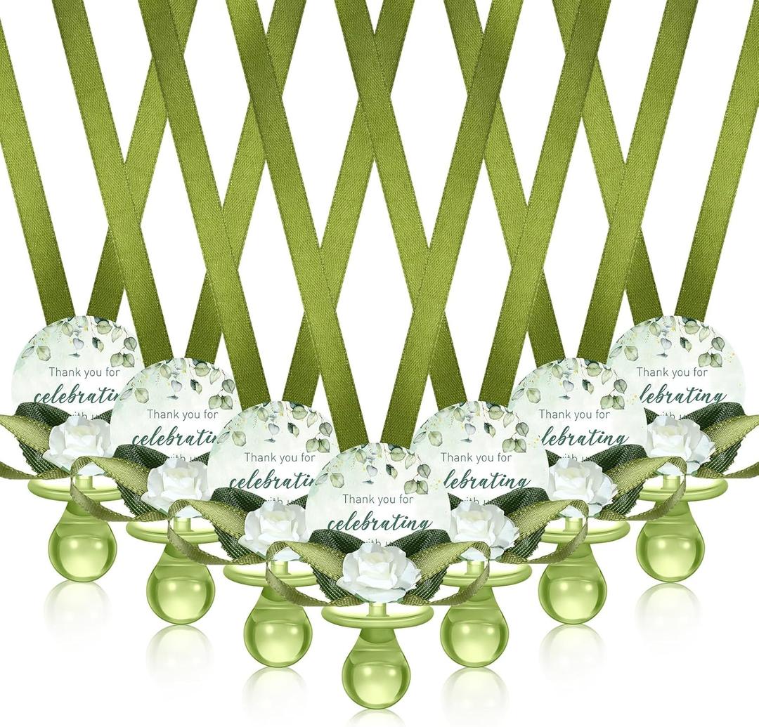 Coume 36 Pcs Sage Green Baby Shower Favors Acrylic Pacifier Necklace Thank You Gift Bulk with Cards for Guests Prizes Baby Shower Games Favors