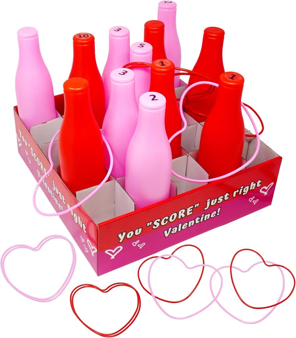 Valentine Bottle Ring Toss Game for Kids Party Activity, Indoor/Outdoor Backyard Yard Carnival Game, Classroom Valentine's Party Games for Kids and Adults Party Supplies by 4E's Novelty, Red, Pink