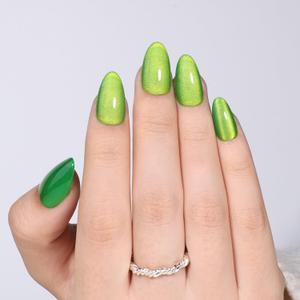 2 x Green Cat Eye Press On Nails - Glossy Short Almond Press on Nails Shamrock Nails Press Ons for Women DIY Fake Nails Kit with Glue, Reusable Glue on Nails Short in 16 Sizes - 32pcs, Jade Green