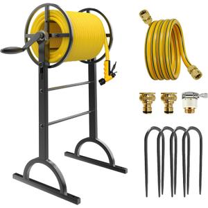 Garden Hose Reel with Handle Heavy Duty Metal Freestanding Water Hose Holder, Upgraded Retractable Hose Winder for Up 150FT 5/8" Hose, Perfect for Lawn, Yard & Outdoor Use