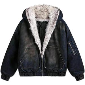 thesupermade Fur Hoodie Jacket Teen Zip Up Lined Thicken Denim Winter Fuzzy Streetwear Hooded Coat (L)