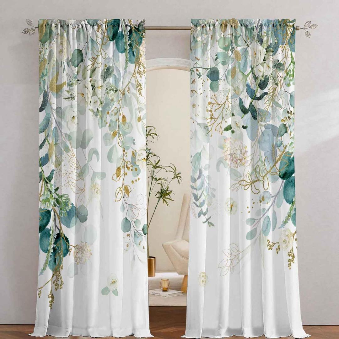 Gold Green Botanical Curtains 96 Inches Long for Living Room Eucalyptus Leaves Light Filtering Curtains Sage Green White Floral Drapes for Bedroom Farmhouse Leaf Flower Printed Door Curtain