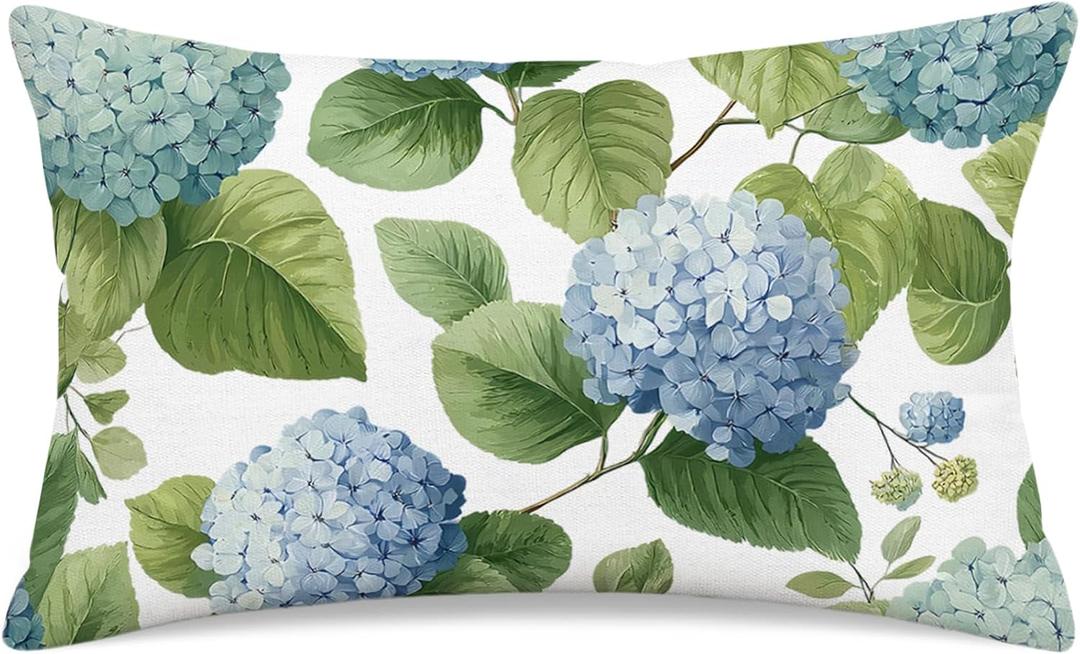 Blue Hydrangea Throw Pillow Cover 12x20, Farmhouse Floral Lumbar | Pillow Case Vintage Botanical Spring Summer Cushion Cover, Double Sided Print Decorative Pillowcase for Couch Sofa Bed