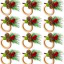 12 Pieces Christmas Napkin Rings Holder Pine Cones Poinsettia Pumpkin Wooden Napkin Rings Decor for Christmas Thanksgiving Birthday Party Supplies (Rustic Style)