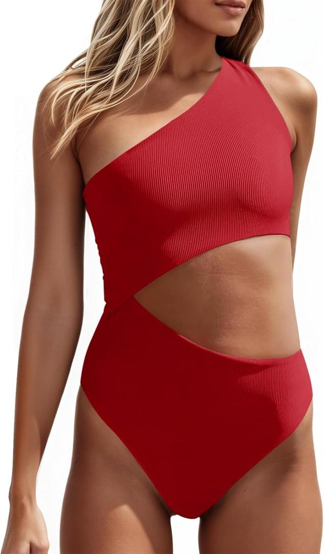 Women's One Piece Ribbed Swimsuit One Shoulder Cutout Swimwear Sexy Bathing Suit (Red, M)