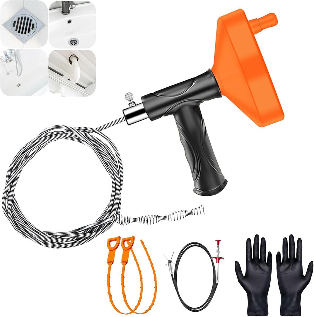 33 Feet Drain Snake Auger, Plumbing Snake Drain Hair Clog Removal Tool, Heavy Duty Toilet Snake Auger, Sink Unclogger Drain Cleaner Tool for Bathroom Kitchen Tub Shower Drain Clog Remover with Gloves